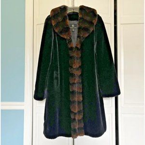 Vintage Alpine Studio Faux Fur Coat, Black with Brown Sable Color Collar & Trim